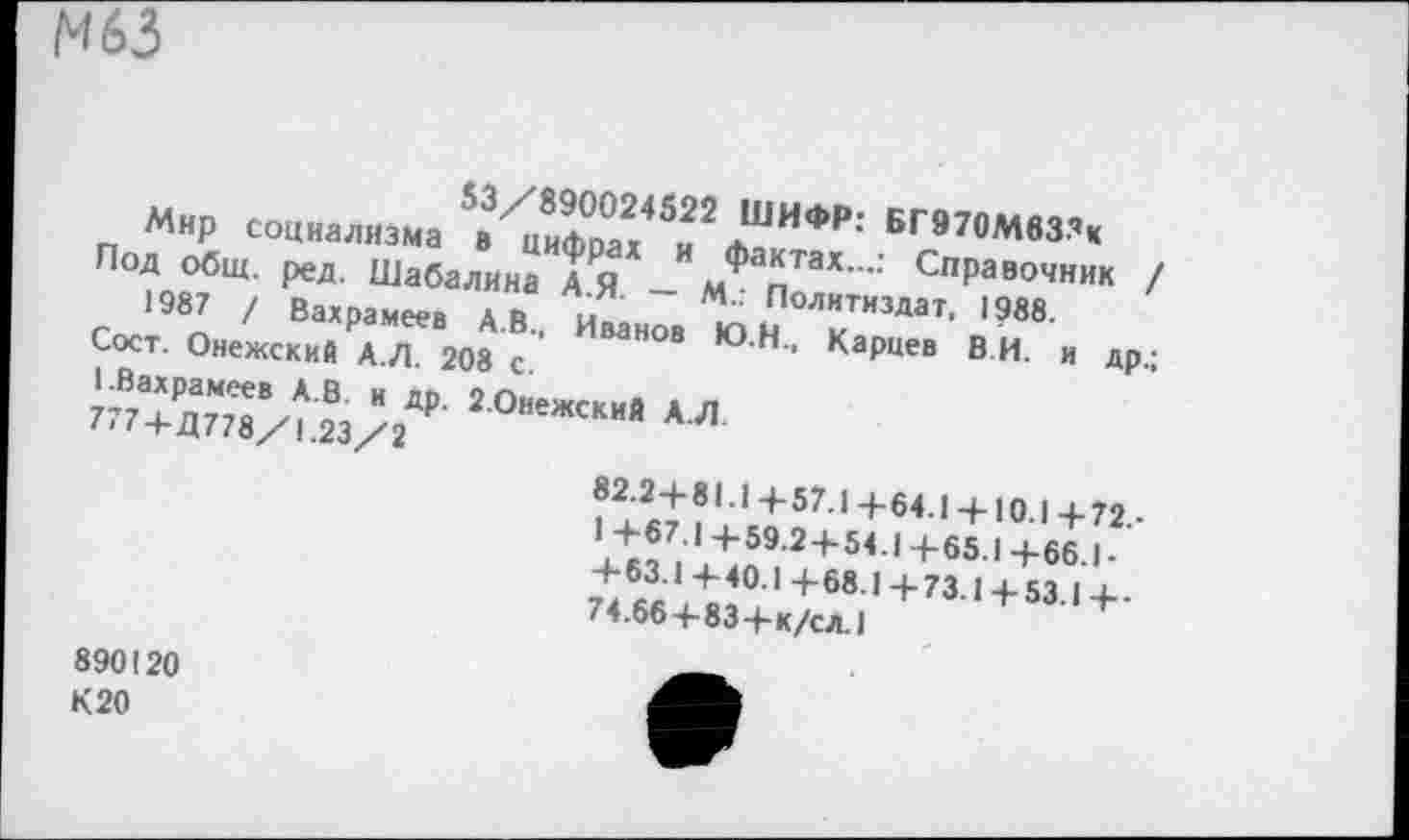 ﻿Н63
53/890024522 ШИФР: 6ПП8М83.Ч
Мир социализма в цифрах и фактах...: Справочник / Под общ. ред. Шабалина А.Я. — М.: Политиздат, 1988.
1987 / Вахрамеев А.В., Иванов Ю.Н., Карцев В И. и др.;
Сост. Онежский А.Л. 208 с.
I Вахрамеев А.В. и др. 2.0нежский А.Л 777+Д778/1.23/2
82.2+81.1+57.1 +64.1 + 10.1+72.-1 +67.1+59.2+54.1 +65.1 +66.) • + 63.1 +40.1 +68.1 +73.1+53.1 +• 74.66+83+к/сл.)
890120
К 20